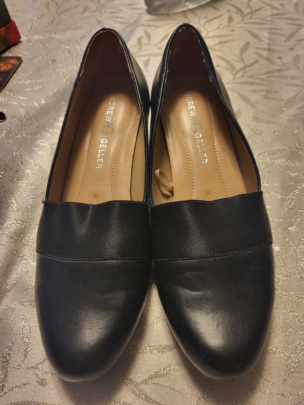 Andrew Geller Black Leather Slip-On Low-Wedge Dress Soes Sz 9